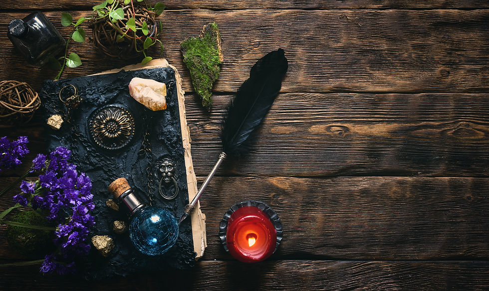 Spell book, magic potions and other various witchcraft accessories on the wizard table bac