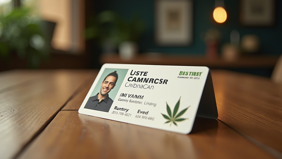Close-up view of a cannabis membership card on a wooden table