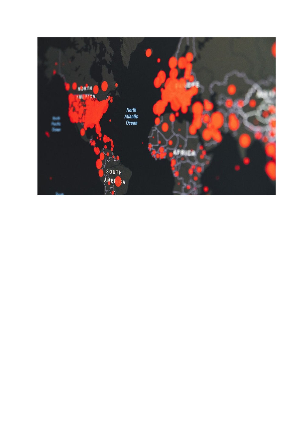 Map of the world on black background showing the number of COVID cases in orange