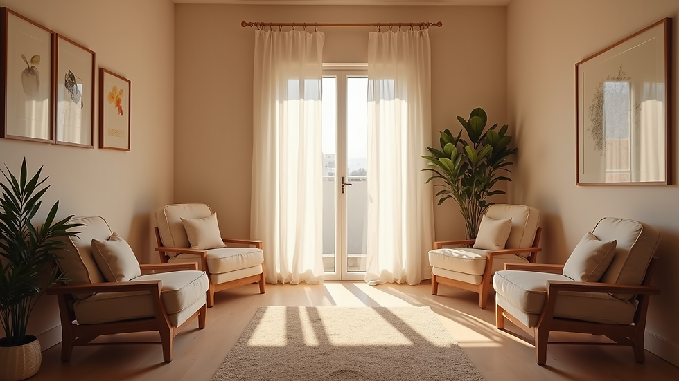 Eye-level view of a cozy therapy room with soft lighting and comfortable chairs