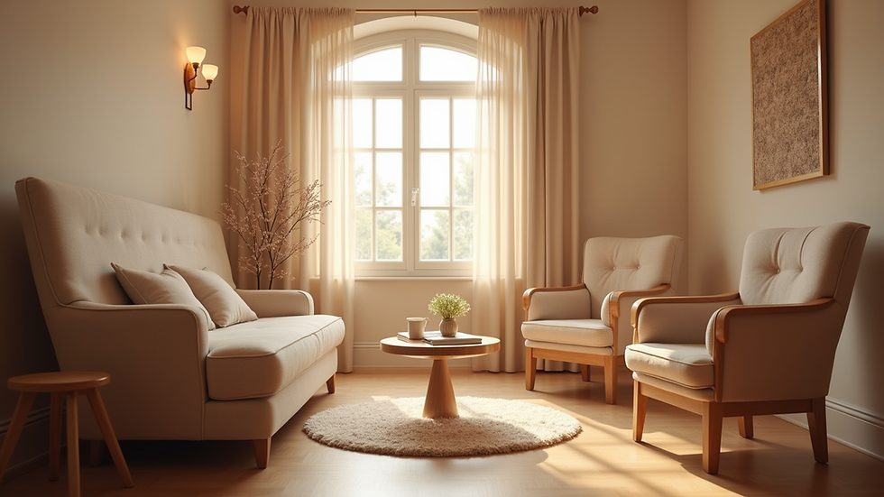 Eye-level view of a cozy therapy room with soft lighting and comfortable chairs