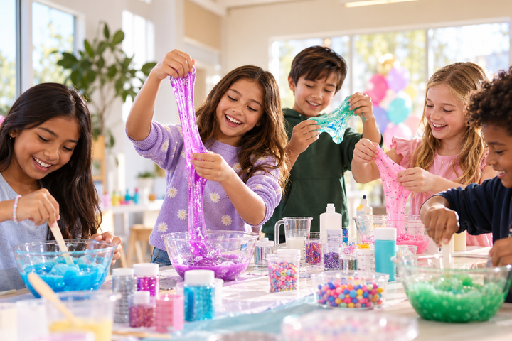 Kids laughing as they stretch sparkly purple, blue and pink slime at a party table