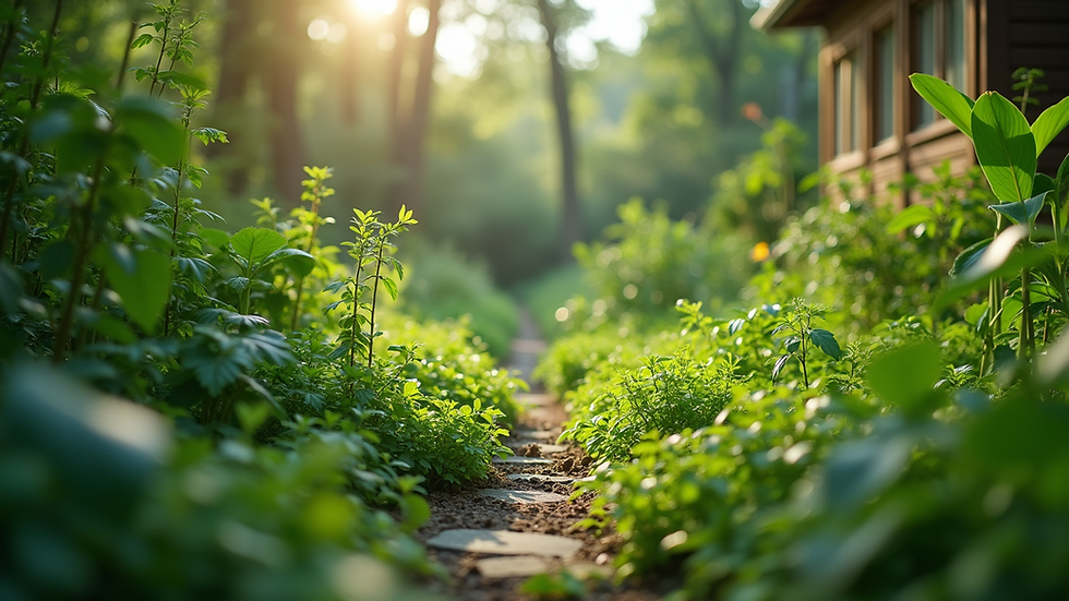 Eye-level view of a lush green garden with diverse plants