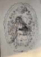 Drawing of a tattooed woman sitting thoughtfully