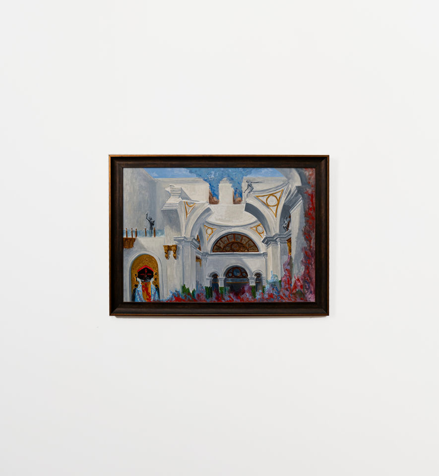 Painting of white Mediterranean architecture with arches.