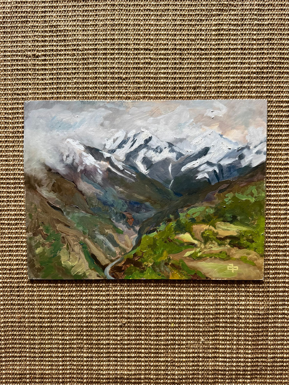 Oil painting of mountains.