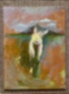 Oil painting of a figure and mountain