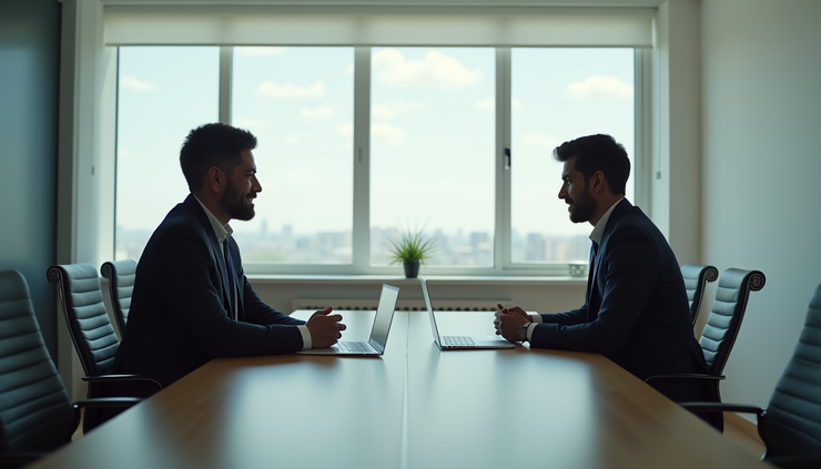 Eye-level view of a calm meeting room with two people discussing around a table