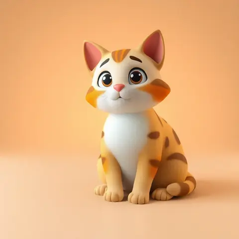 A 3d children's cartoon model of a cat sitting on a gradiant background