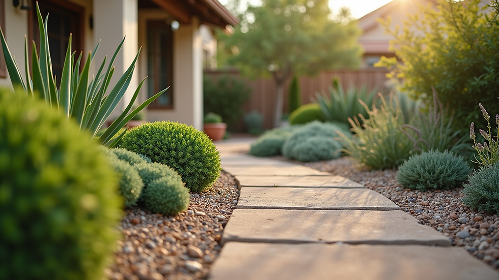 Eye-level view of a well-maintained garden with drought-tolerant plants