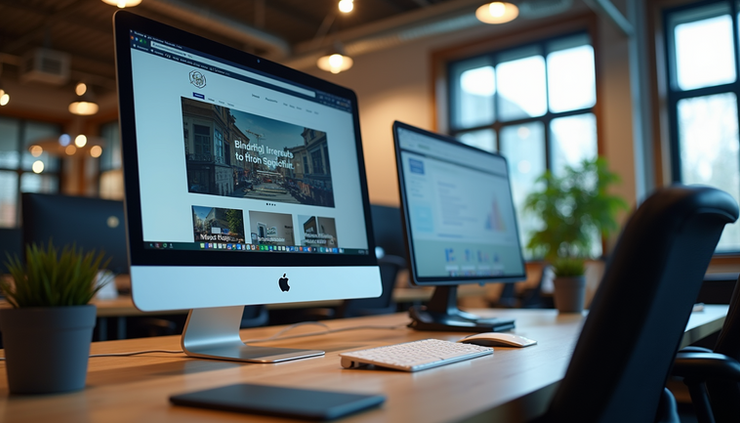 Eye-level view of a modern office workspace with computer screens showing website designs