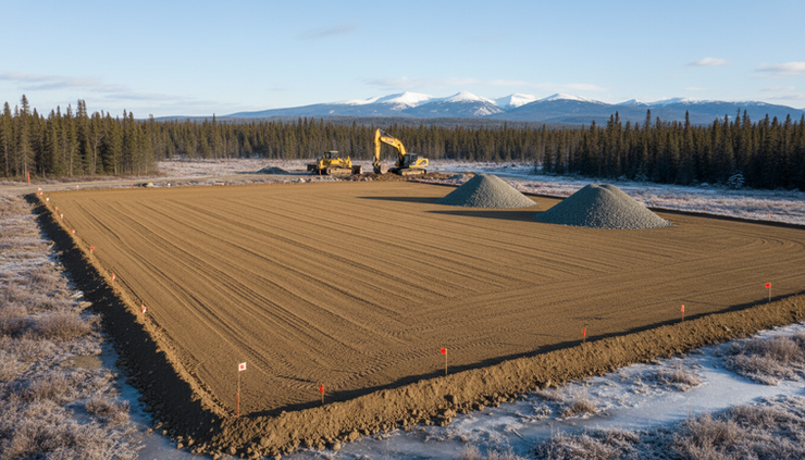 Eye-level view of a graded dirt pad with clear slope lines across the surface.