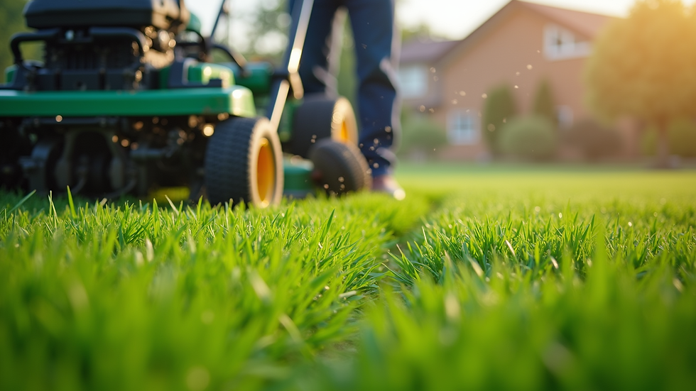 Close-up view of a lawn care professional aerating a green lawn