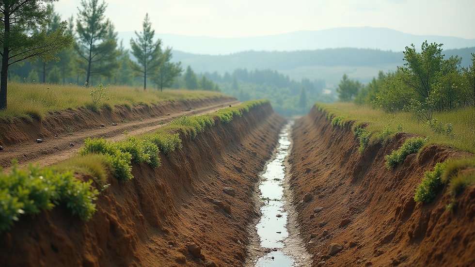 High angle view of a sloped landscape with proper drainage