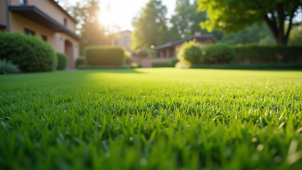 Eye-level view of a well-maintained green lawn with trimmed edges
