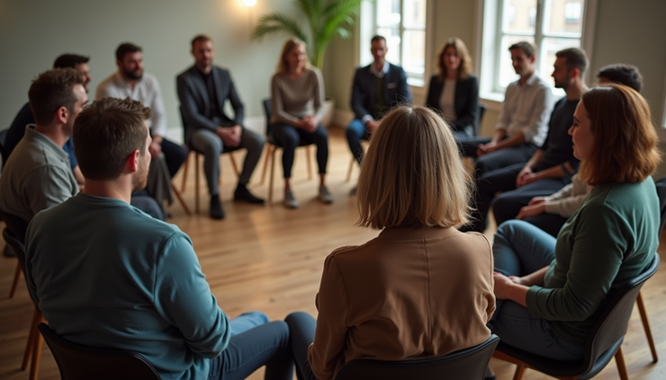 High angle view of a group therapy session in a bright room with participants seated in a circle