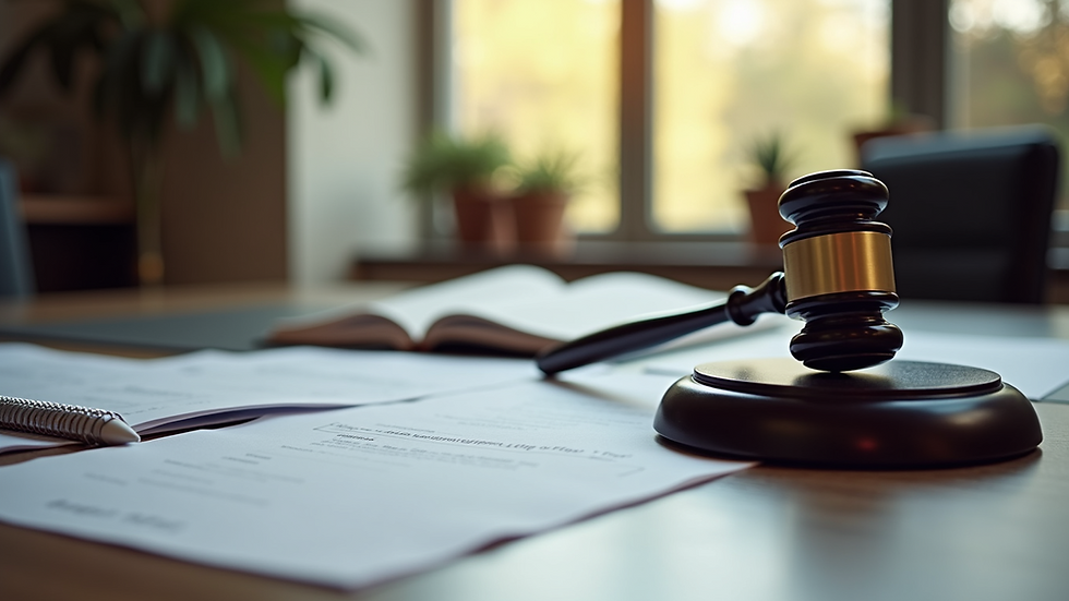 Eye-level view of a law office desk with legal documents and a gavel