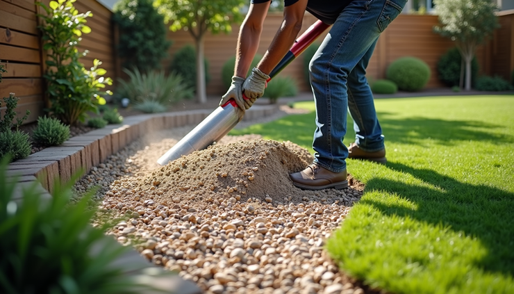 High angle view of a worker spreading crushed rock base for artificial grass installation in Sacramento