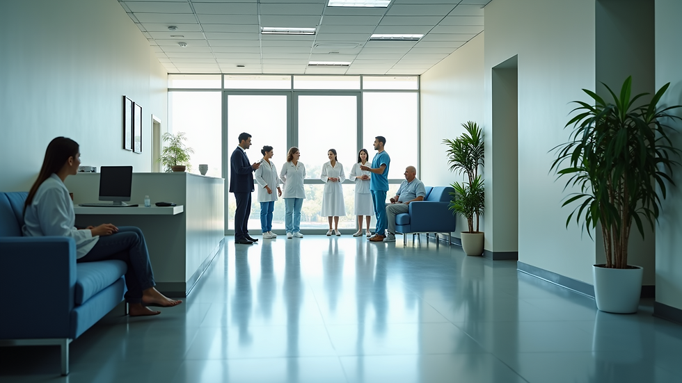 High angle view of a hospital's reception area with patients interacting