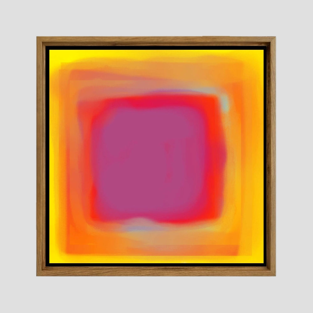 Quadro com um núcleo lilás rodeado por camadas de laranja e amarelo.