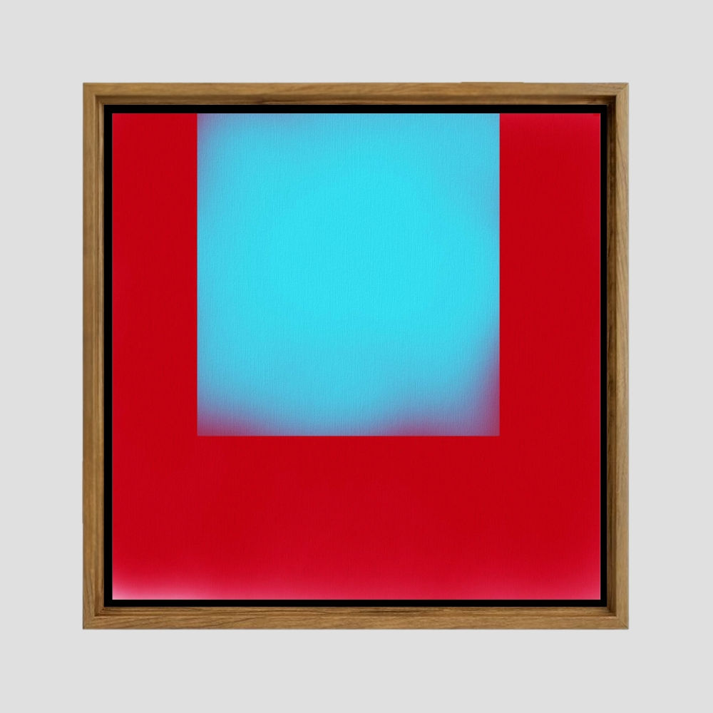 Obra com quadrado azul claro em fundo rosa vermelho, da coleção Contrapontos de Luz, em colaboração com Memoá Arquitetos.