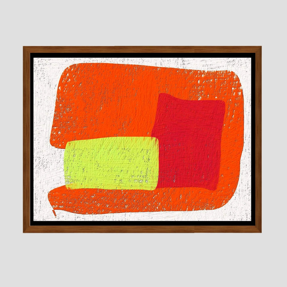 Arte contemporânea minimalista com formas abstratas em tons de laranja e amarelo neon sobre fundo branco.