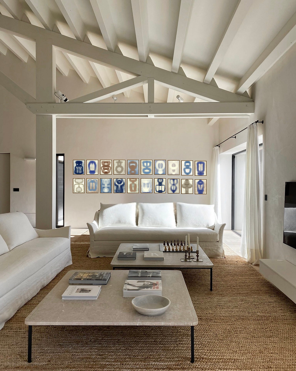 arte abstrata azul e neutra com moldura Freijó