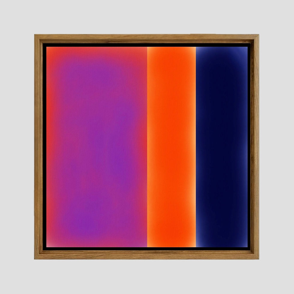 Obra com cores vibrantes em tons de laranja, roxo e azul, parte do painel Contrapontos de Luz da Collab Memoá Arquitetos.