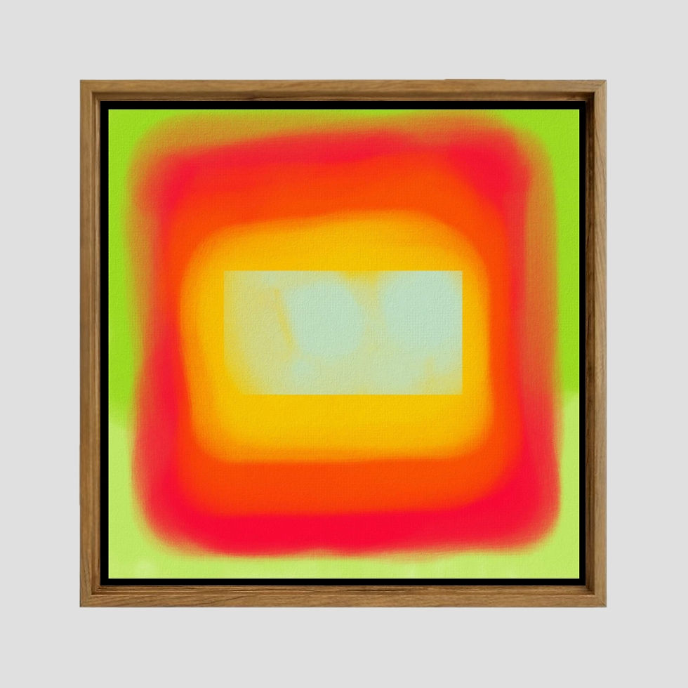 Quadro com camadas de amarelo e verde claro, com um centro vermelho alaranjado.