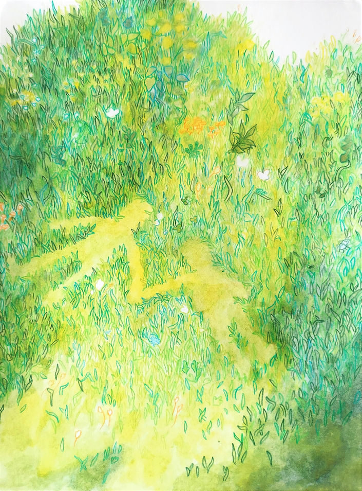 Illustration of a grassy hill and the impression in the grass where two people were laying and holding hands 
