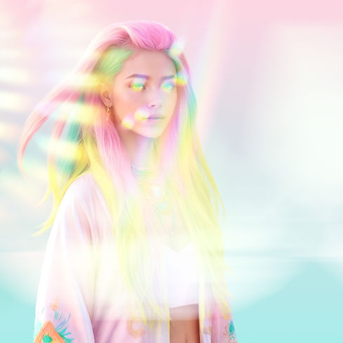 A girl with long neon pastel hair, wearing intricately embroidered neon pastel colored clo