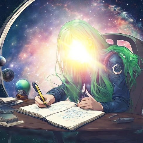 A girl with long green and blue hair writing a book in space.jpg