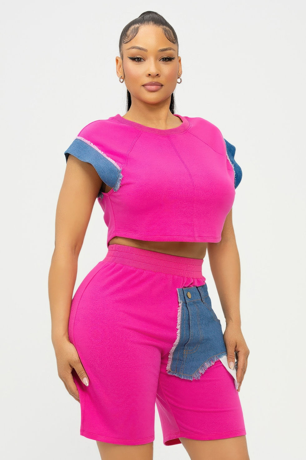 Thumbnail: Color Block Denim Short Set (Pink)
