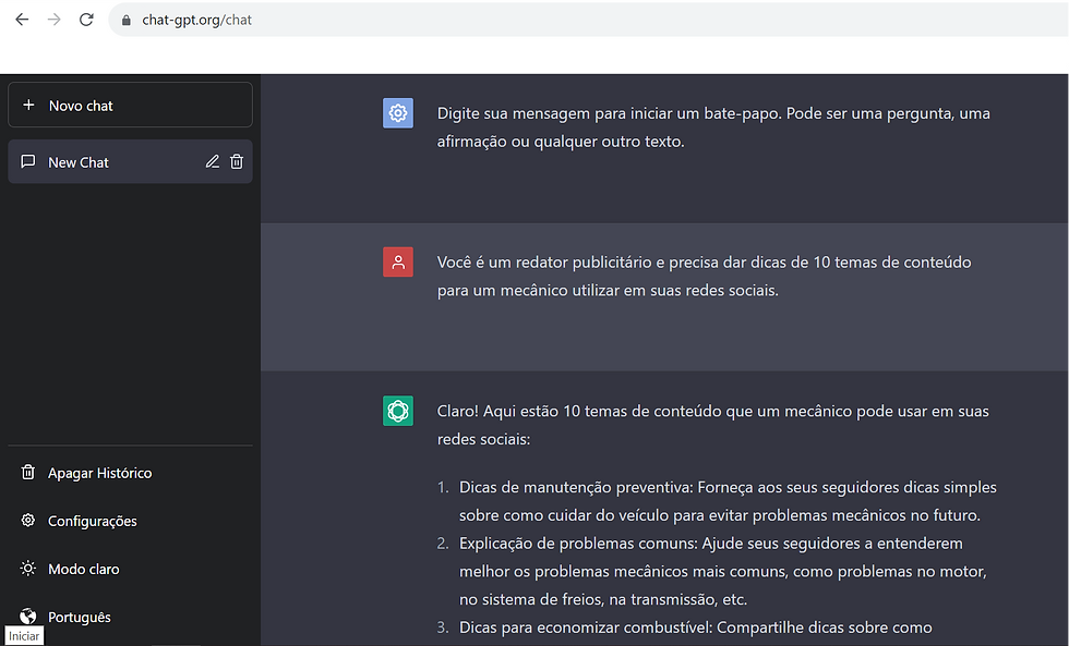 print da tela do chat gpt com pesquisa sobre conteudos