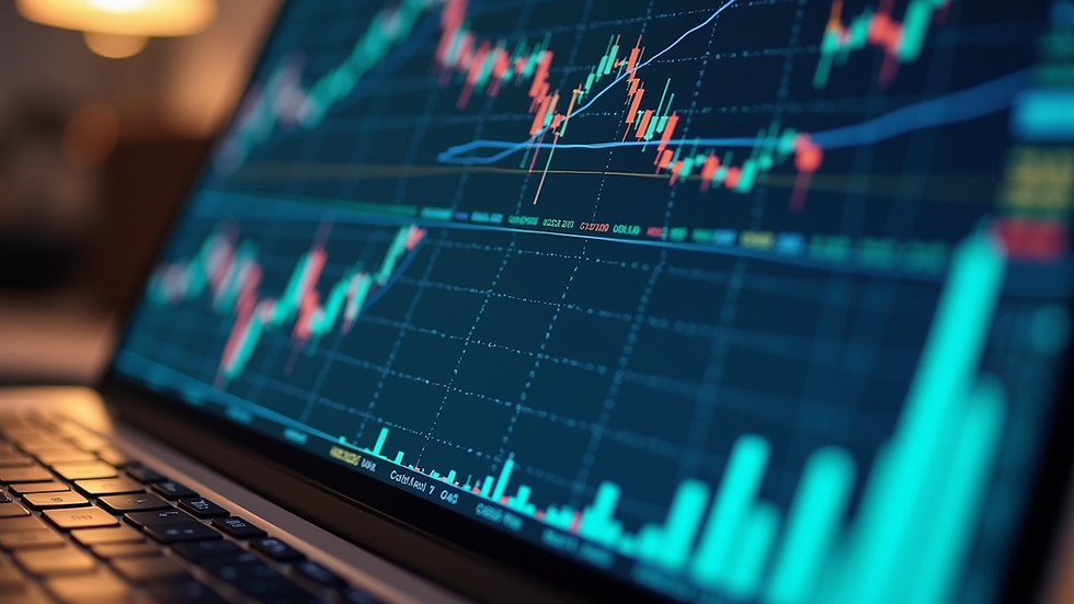Eye-level view of a laptop screen displaying financial charts and graphs