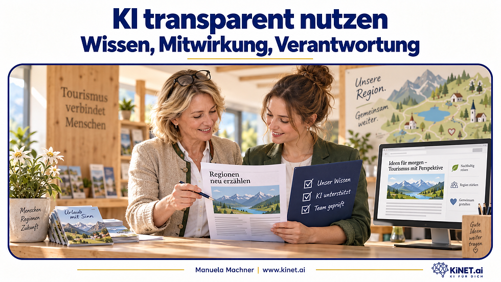 KI-generierte Illustration: Zwei TourismusmitarbeiterInnen prüfen gemeinsam einen Website-Beitrag. Auf einer Checkliste stehen eigenes Wissen, KI-Unterstützung und Prüfung im Team.