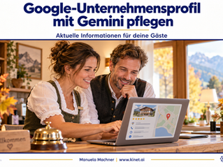 KI-generierte Illustration: Zwei fiktive Gastgeber pflegen an der Hotelrezeption ihr Google-Unternehmensprofil am Laptop.