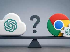 Vergleich zwischen ChatGPT Cloud Browser und Chrome Erweiterung, symbolisiert durch Wolke, Fragezeichen und Chrome-Logo auf einer Waage