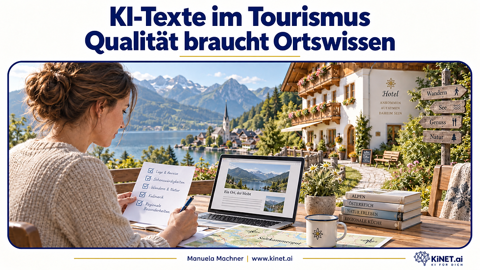 KI-generierte Illustration: Eine Person sammelt Gästefragen und Ortswissen mit einer Checkliste und einem Laptop vor einem alpinen Hotel und einer Seelandschaft.