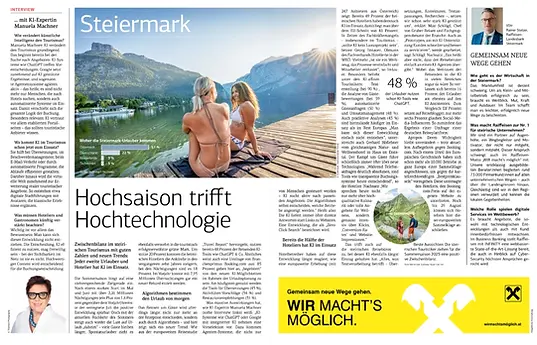 Interview mit KI-Expertin Manuela Machner in der Steirischen Wirtschaft über den Einfluss von künstlicher Intelligenz auf den Tourismus