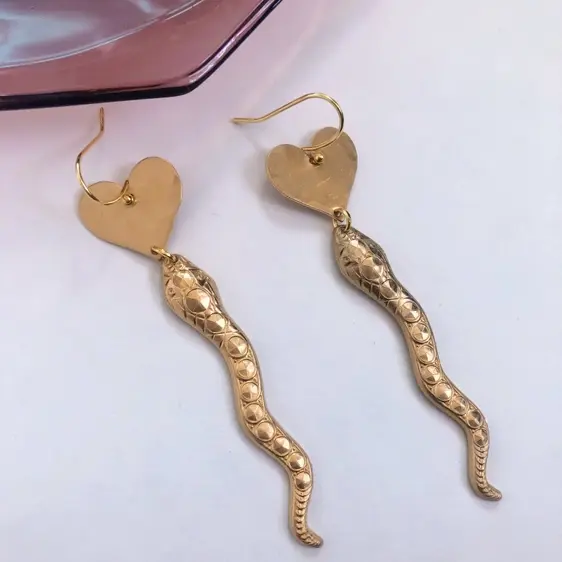 Heart + Snake Earrings, brass