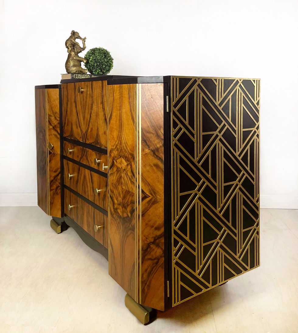 Thumbnail: Art Deco Style Walnut Sideboard, drinks cabinet, cocktail cabinet in black and gold with geometric design