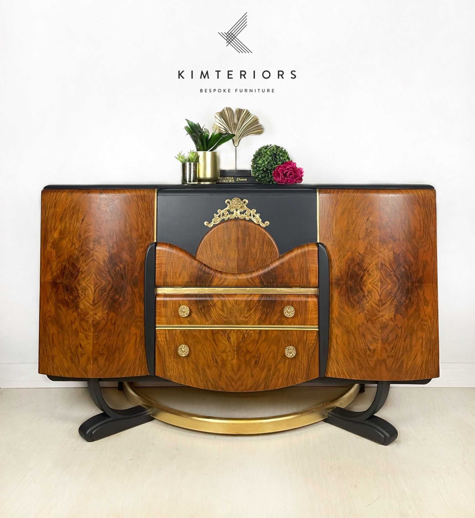 Beautility Blue Vintage Cocktail Cabinet, drinks cabinet, Art Deco Walnut Sideboard,