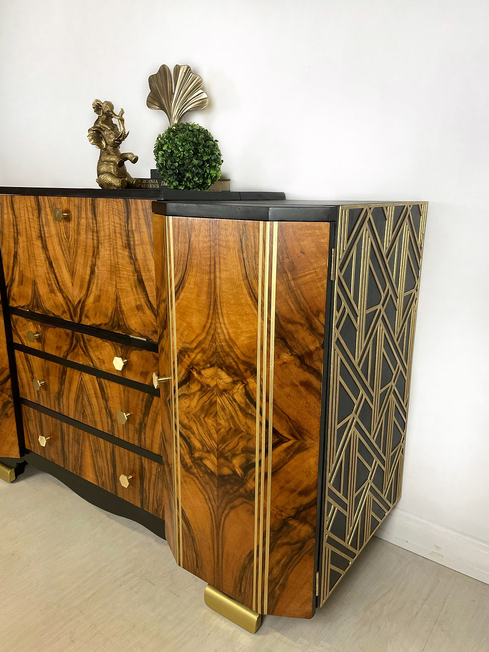 Thumbnail: Art Deco Style Walnut Sideboard, drinks cabinet, cocktail cabinet in black and gold with geometric design