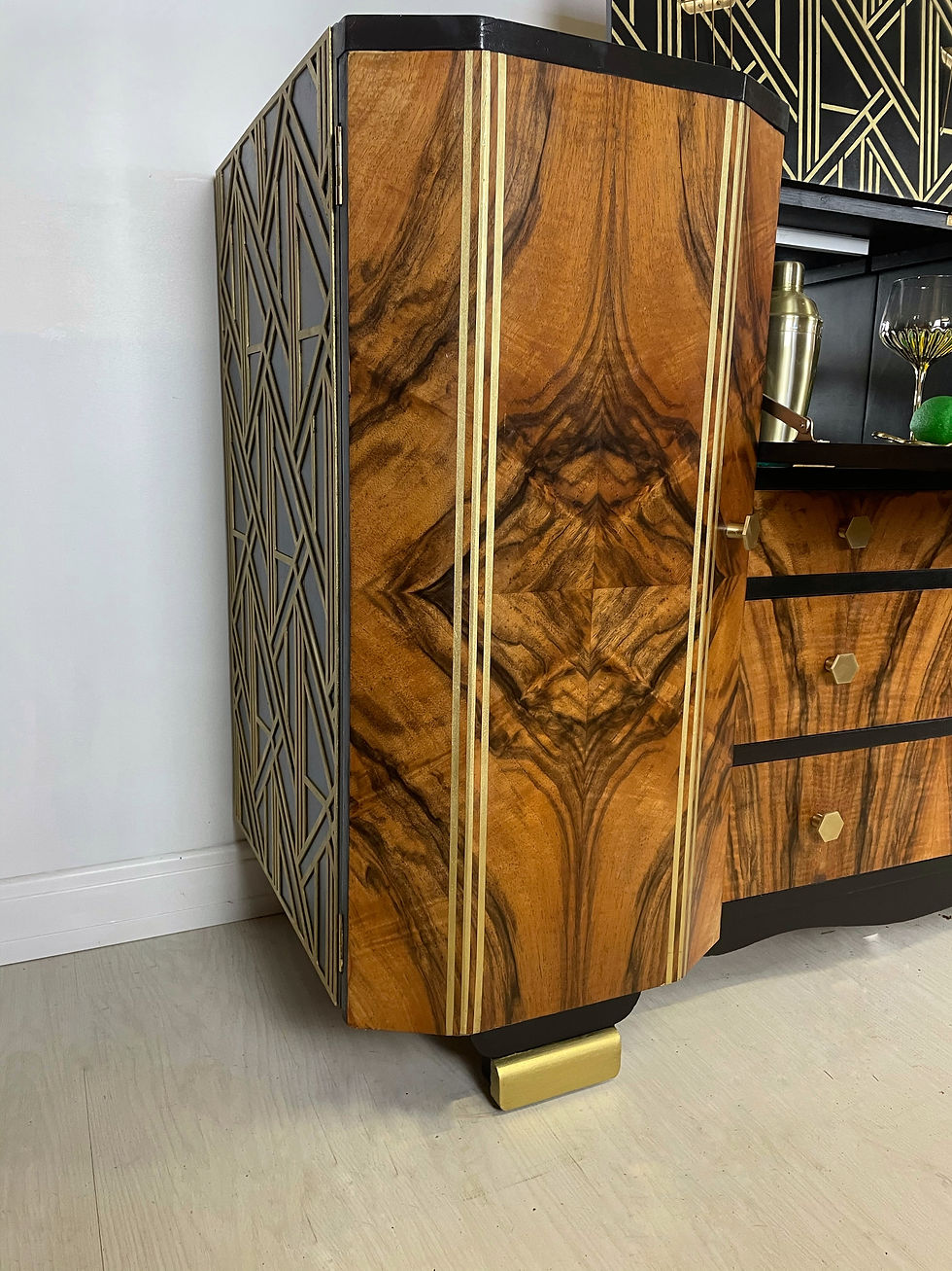 Thumbnail: Art Deco Style Walnut Sideboard, drinks cabinet, cocktail cabinet in black and gold with geometric design