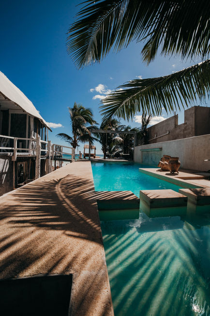 Tropical resort pool, palm trees, sunny day