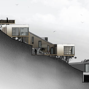 Elevation of house terracing down the hill face, house on the hill concept, located in Christchurch 