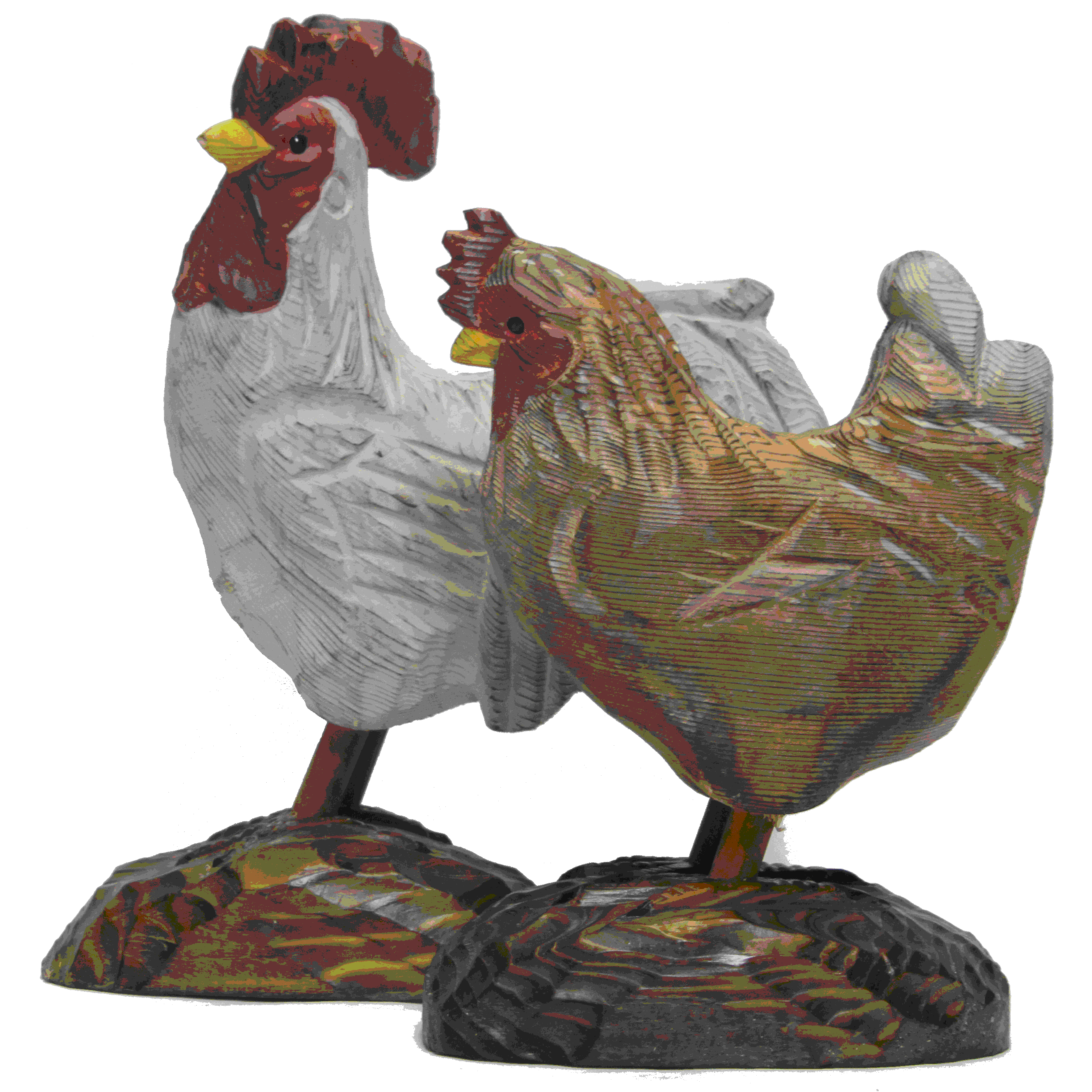 Wood carved chickens.