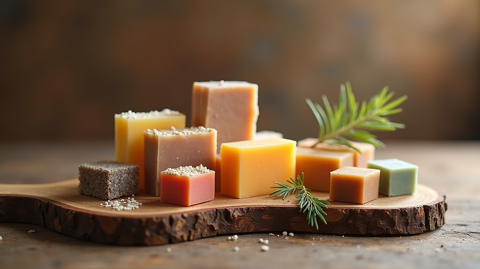 Vue en plongée d’un assortiment de savons artisanaux colorés sur un plateau en bois