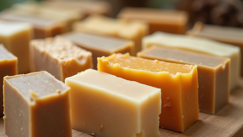 Close-up view of artisanal soap bars with natural textures